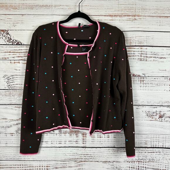 Womens Etoile Brown Pink Embroidered Dot 2 Piece Button Front Cardigan Set Sz L - Picture 1 of 8